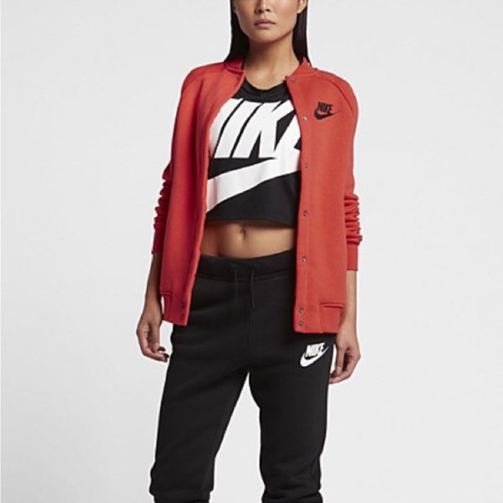 NWT Nike Women's Rally Red Orange Varsity Bomber Jacket Knit Fleece Snap MED